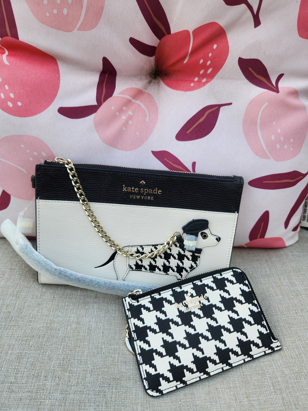Kate Spade Black & White Houndstooth Dachshund Clutch and Card Holder Set NIP